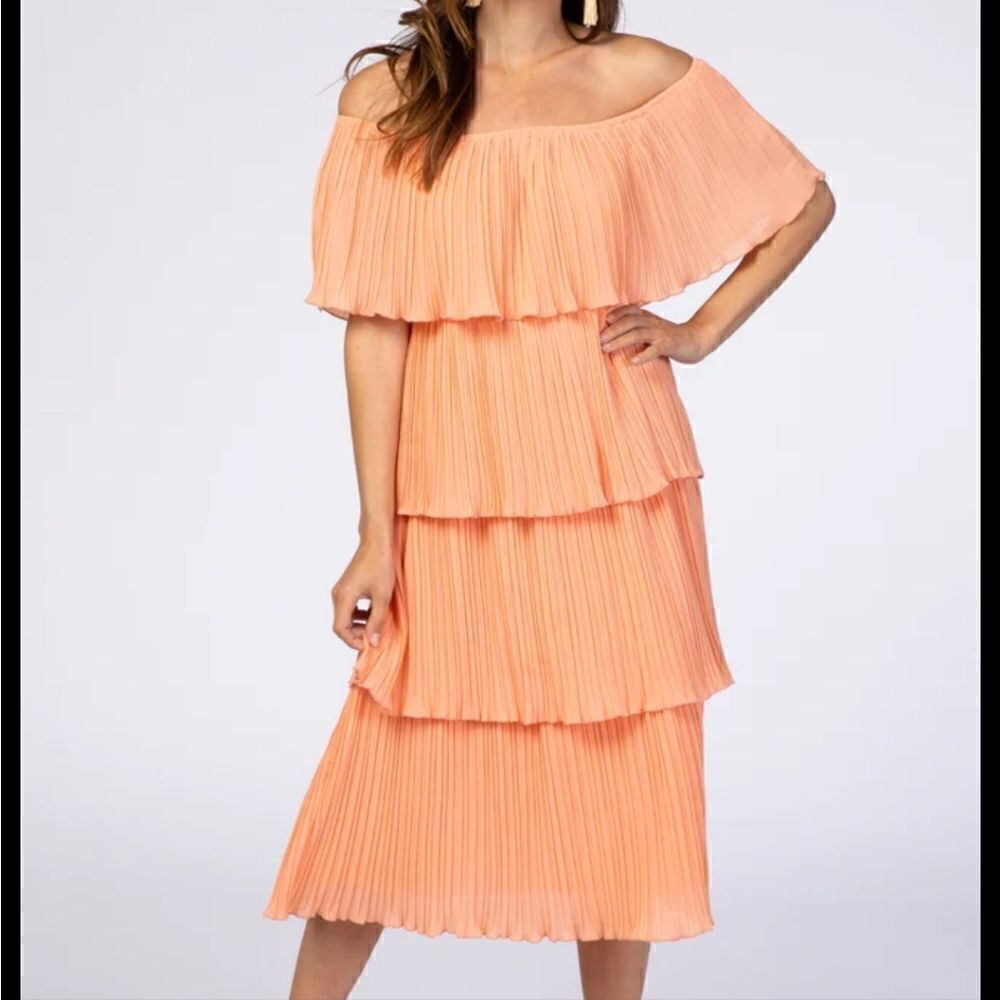 Pink Lily Peach/pink Pleated Off Shoulder Tiered Dress